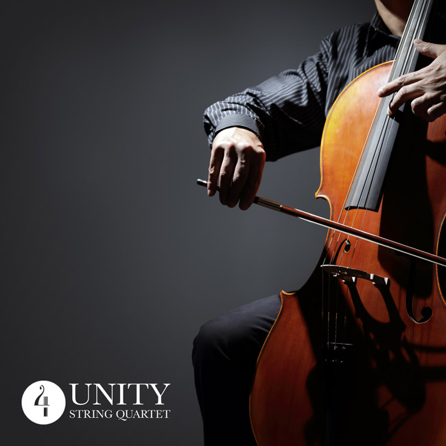 Musician playing a cello with bow on a dark background and Unity String Quartet logo.